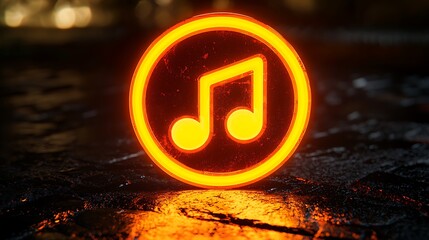 Poster - Glowing music note icon on dark surface.  Possible use  Digital music concept
