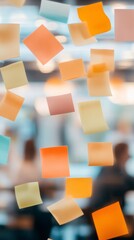 Poster - Vibrant sticky notes cover a glass surface, symbolizing the chaos of multitasking and time management. Blurred figures in the background suggest a busy work environment