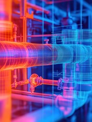 Poster - Thermal imaging of gas leak showing blue and red heat signatures on high tech analysis screen in industrial setting. Generative AI