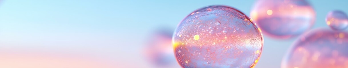 Wall Mural - abstract glass spheres floating in soft pastel sky with sunlight reflections
