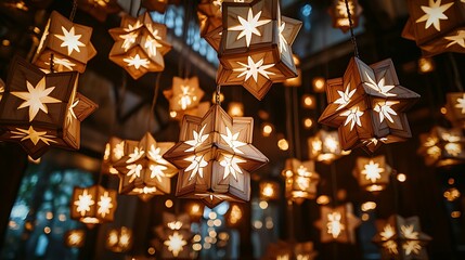 Aufkleber - Glowing star-shaped lights decorate ceiling in dark room, used as festive holiday decoration