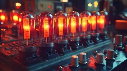Poster - Glowing vacuum tubes on circuit board showcasing technology, electronics, and retro style