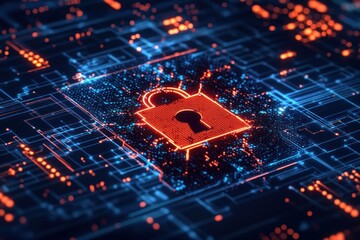 Poster - digital lock symbolizing cybersecurity in a tech landscape