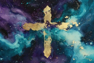 Wall Mural - abstract watercolor galaxy forming a luminous cross, swirling nebula colors of purple, teal and gold with stars