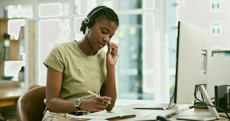 Aufkleber - Computer, call center and black woman consultant in office doing an online consultation. Crm, contact us and African female customer service or telemarketing agent working on technology in workplace.