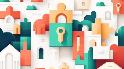 Poster - Abstract composition featuring colorful shapes and stylized locks illustrating security, privacy, and digital protection concepts in a modern design