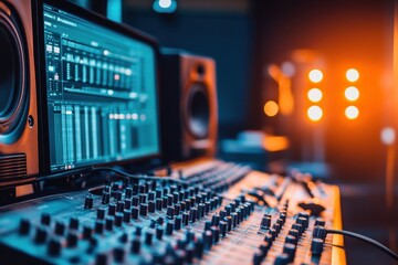 Poster - Mixing console illuminated by warm lights in a recording studio during an evening session with sound engineers at work. Generative AI