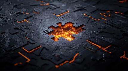 Poster - Abstract digital design featuring a glowing orange core surrounded by intricate dark patterns resembling a technological landscape