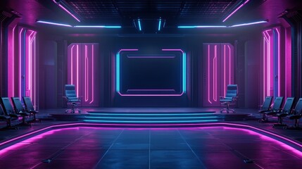 Poster - Futuristic Neon Stage with Illuminated Background and Empty Chairs in a Sci-Fi Inspired Modern Environment for Virtual Events or Presentations