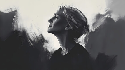 Poster - Portrait of a serene woman fading into light and shadow. Fading Memories in Shadows. Illustration