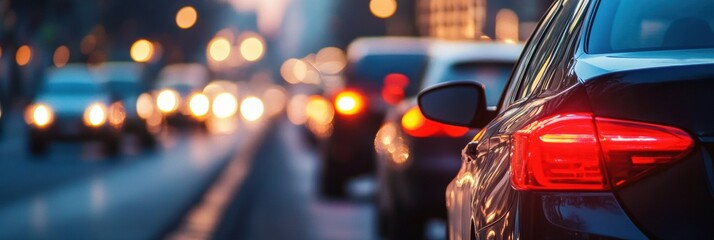 Aufkleber - Traffic jam at dusk with city lights illuminating the road in the background. Generative AI