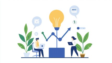 Poster - Collaborative Business Growth Concept with Lightbulb, Graphs, and Professionals Analyzing Data with Laptops Surrounded by Greenery and Visual Cues