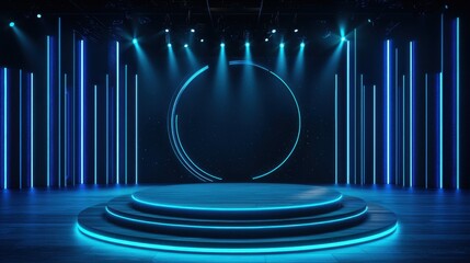 Poster - Futuristic stage backdrop with glowing blue neon lights and circular design, perfect for presentations, performances, and multimedia events, 3D illustration.