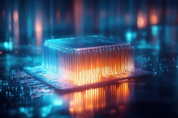 Poster - Futuristic Quantum Processor with Glowing Neon Elements in Abstract Background