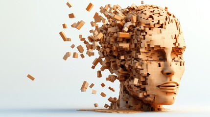 Poster - Wooden sculpture of a womans head with broken face and 3d block-style human head image