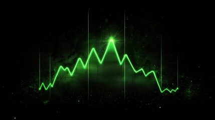 Poster - Green abstract line graph with glowing peaks and valleys against a dark background, depicting financial trends or data analysis in a digital style