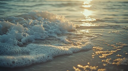 Poster - Golden sunset, ocean waves on sandy beach, tranquil scene, summer vacation