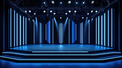Poster - Contemporary stage design featuring blue LED lights, dynamic stage layout, modern performance backdrop, and dramatic lighting effects for events