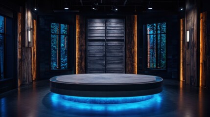 Poster - modern stage design with dramatic lighting and wooden accents in a forest setting, ideal for perform