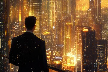 Wall Mural - confident businessman in a sharp suit gazing over a cityscape at dusk skyscrapers aglow with golden lights ambitious and dreamy atmosphere