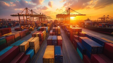 Fototapete - Sunset over a busy shipping port with stacked cargo containers and cranes in operation. Generative AI