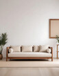 © Nornat.art - Low-profile wooden sofa with beige cushions in a Japandi setting.