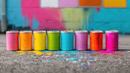 Poster - Set of Colorful Paint Cans with Drips and Splashes on a Concrete Surface Against a Vibrant Wall Background