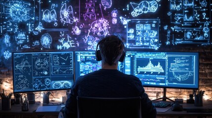 Poster - Data Analyst Working in a Modern Office with Multiple Monitors Displaying Complex Graphs and Digital Illustrations in a High-Tech Environment