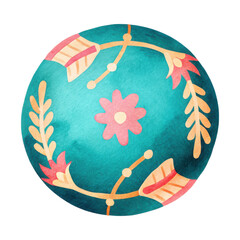 Poster - Vibrant Turquoise Floral Pattern with Decorative Elements on Circular Background