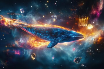 Wall Mural - bioluminescent space whale migrating through cosmic nebula, ethereal light trails streaming from fins, surrounded by floating crystal asteroids and starlight
