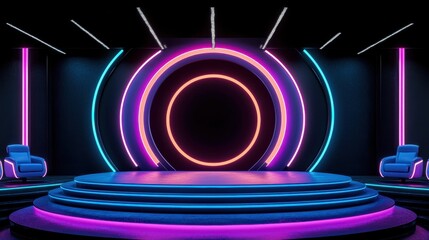 Poster - Futuristic Stage Design with Neon Lights and Circular Elements in Dark Setting for Event Background and Creative Presentations