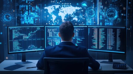 Poster - Professional Business Analyst Works with Multiple Monitors Analyzing Data and Charts in a Modern Office Environment with Digital Map Visualization