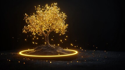 Poster - Elegant golden tree with shimmering leaves and glowing aura in a dark background, representing growth, prosperity, and beauty in a mystical setting