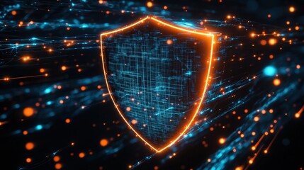 Poster - High-tech glowing shield with illuminated edges hovering in a futuristic environment