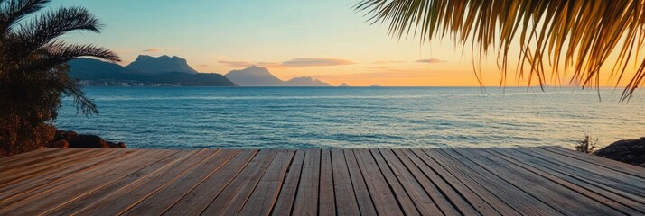 Fototapete - Ocean view at sunset with wooden deck and palm trees near coastal mountains. Generative AI
