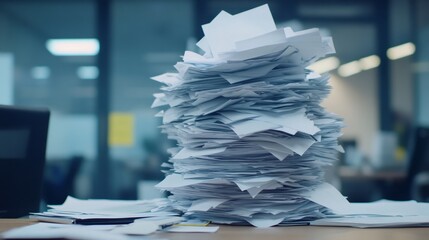 Aufkleber - Towering stack of papers dominates a cluttered office desk, symbolizing the stress and chaos of multitasking and tight deadlines in a busy work environment