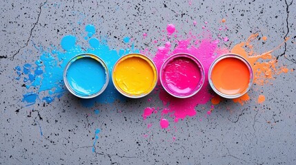 Poster - Bright and Vibrant Paints Displayed on Grungy Surface Surrounded by Colorful Paint Splashes and Artistic Creativity in a Dynamic Composition