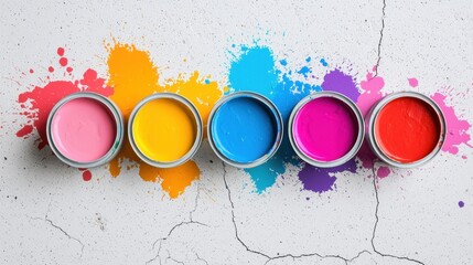 Poster - Colorful Paint Cans with Vibrant Splashes of Pink, Yellow, Blue, Magenta, and Red on a Textured Concrete Surface for Creative Projects