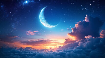 Poster - In the serene twilight, a growing moon casts its gentle glow across the blue sky, framed by soft, billowing clouds. Stars shimmer in the backdrop, creating a magical atmosphere