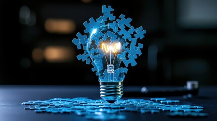 Poster - Creative Concept of Light Bulb Surrounded by Blue Puzzle Pieces Symbolizing Ideas, Innovation, and Problem Solving in Modern Design