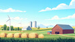 © Ruhi - Rural landscape with hay bales on agriculture field, farm barn, windmill and wind turbines. Vector parallax background for 2d animation with cartoon illustration of countryside, farmland