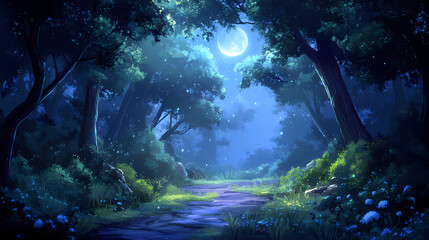 Poster - Mystical moonlit forest path with mist rising, eerie and magical atmosphere, soft light breaking through the trees. Eerie Moonlit Alleyway. Illustration