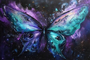 Wall Mural - cosmic butterfly nebula with iridescent wings of stellar gas, swirling in deep space with scattered stardust and distant galaxies, rendered in vibrant purples and teals