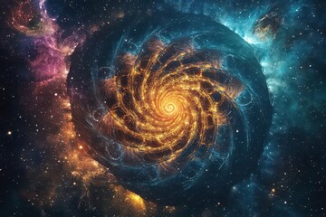 Wall Mural - cosmic mandala with iridescent sacred geometry patterns radiating from central golden spiral in deep space