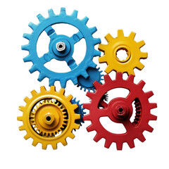 Poster - Colorful gears in blue, red, and yellow arranged in dynamic composition, symbolizing teamwork and mechanical engineering