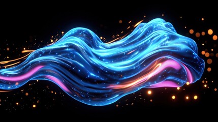 Fototapete - Abstract blue and pink waves on a black background with a futuristic glowing design