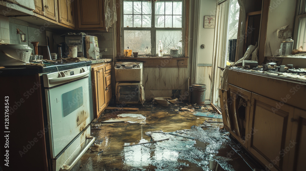 Flood in broken kitchen house room vector cartoon background. Pipe leak