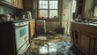 © Nari - Flood in broken kitchen house room vector cartoon background. Pipe leak insurance problem in abandoned messy home. Leakage disaster damage on day scene with nobody and sewage on apartment floor.