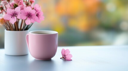 Wall Mural - Pink cup with a flower on it sits on a table