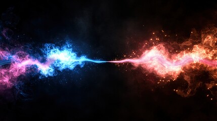 Poster - Red and blue explosion on black background with abstract futuristic design and glowing elements